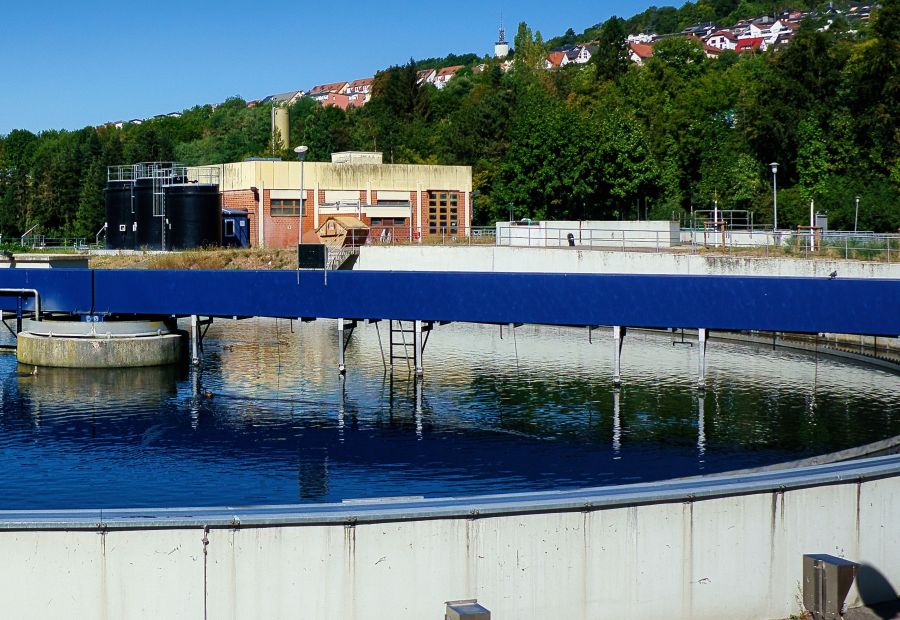 Secondary clarifier and process building of a township sewage treatment plant