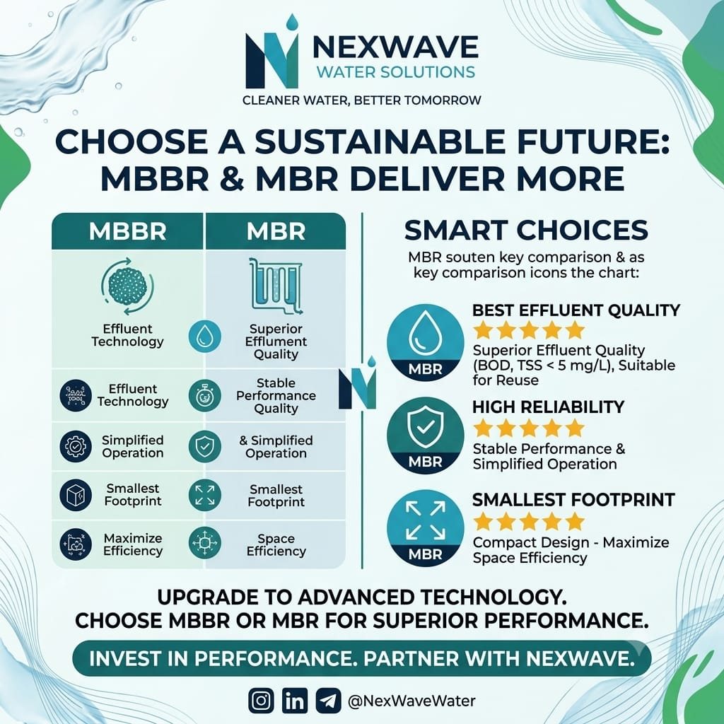 NexWave engineering flyer comparing MBBR and MBR on effluent quality, reliability and footprint